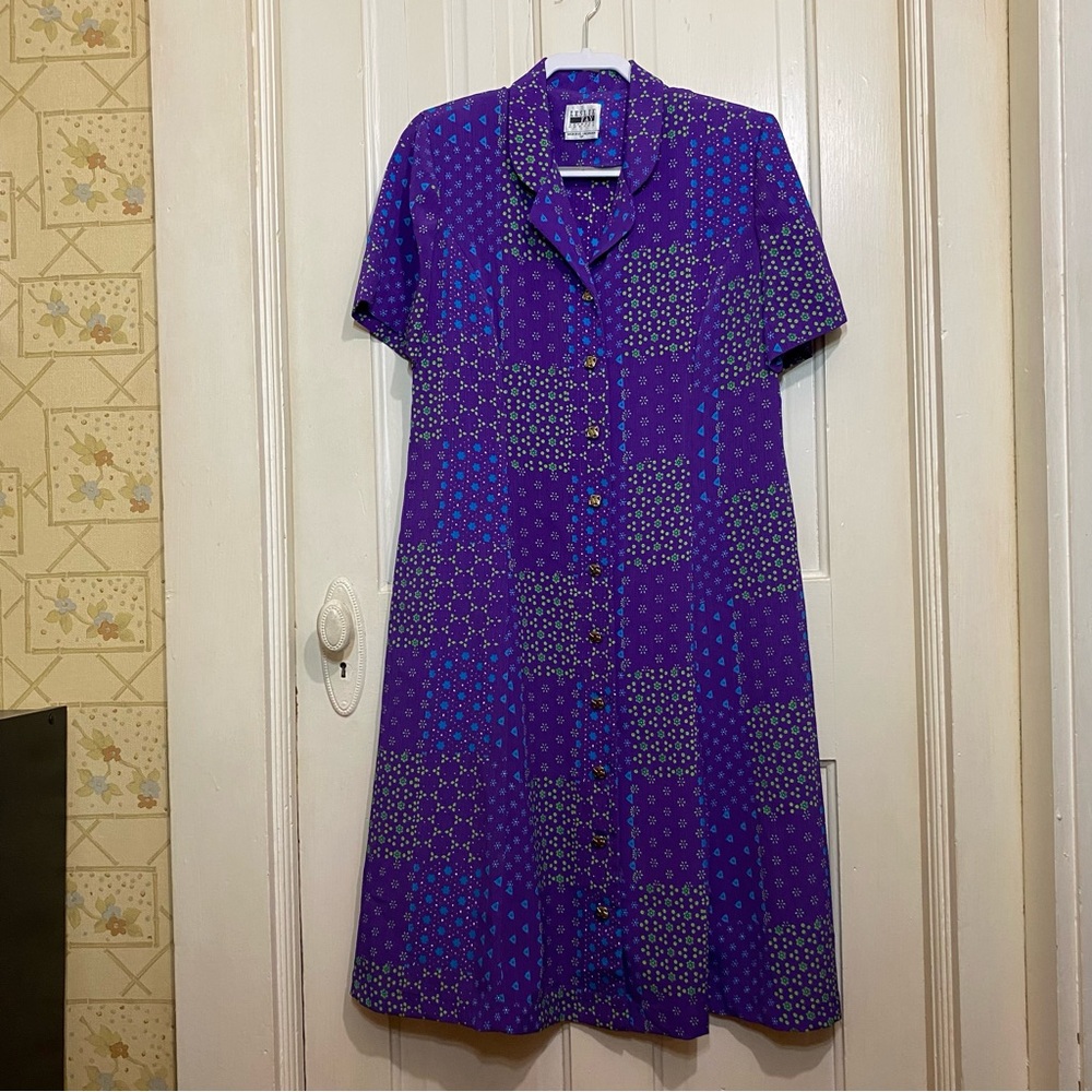 LESLIE FAY | Leslie Fay Dresses Petite Purple Patterned Vintage Button-Up Dress